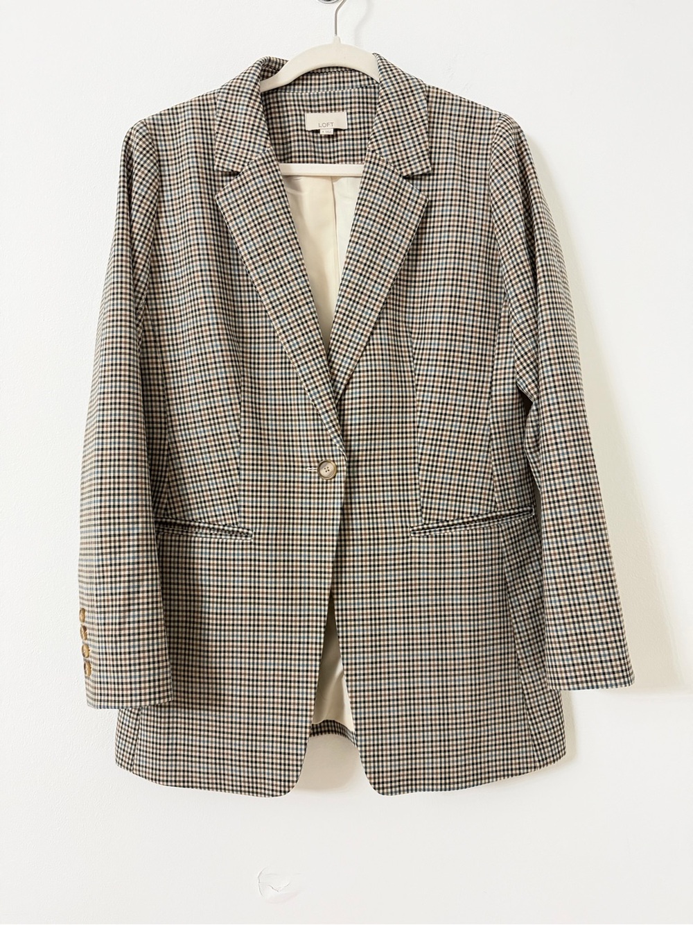 LOFT Tan and Black Houndstooth Single-Button Blazer